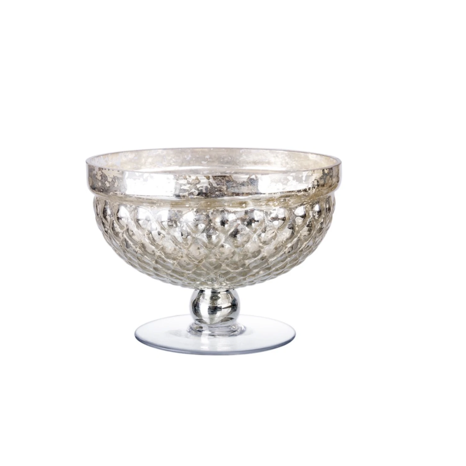 H:5.5” D:8” MERCURY SILVER GLASS LOW PEDESTAL COMPOTE 3 H:5.5” D:8” MERCURY SILVER GLASS LOW PEDESTAL COMPOTE